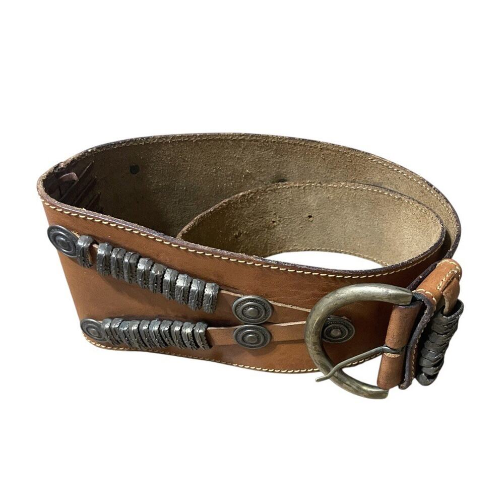 Vintage Handmade Leather Belt Brown Tooled Weightlifting Western Metal Girth